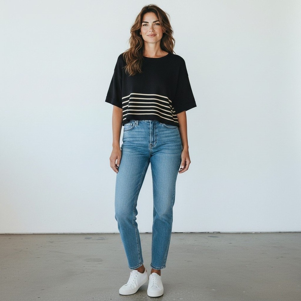 Halogen Short Sleeve Sweater Womens Small Black Striped Knit Boxy Crop Crew Neck